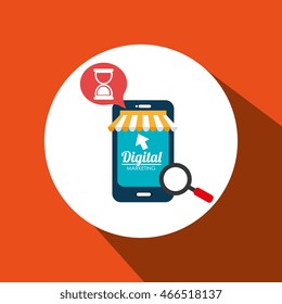 smartphone, loupe  and cursor design with a media icon over a white circle. orange background vector illustration 