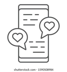 Smartphone love chat thin line icon, valentine and holiday, love chat sign vector graphics, a linear pattern on a white background, eps 10