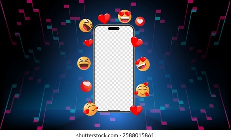 Smartphone with Love, Hearts, Laughing, and Happy Notification Icons on a Social Media Background: Ideal for Social Media App Templates. Vector.