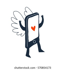 Smartphone with love message. Cute smartphone with wings. Creative romantic vector illustration.