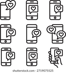 Conjunto de iconos de mensaje de amor de teléfono inteligente. Teléfono móvil con colección de arte de línea de Vector de burbujas de discurso de corazón para citas en línea, texto romántico y notificaciones de redes sociales.