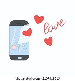 Smartphone with love message. Vector cartoon illustration of the phone conversation.