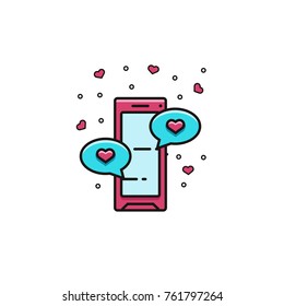 Smartphone with love messages flat color line icon. Cellphone with comis speech balloons. Dating services vector illustration. Valentine's Day template for web and online dating applications.