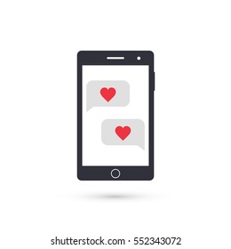 Smartphone with love speech bubbles, vector valentine illustration.