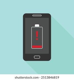 Smartphone with a low battery charge icon on the screen. Vector illustration with long shadow. Flat style