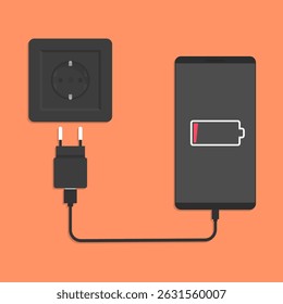 Smartphone with low battery warning and charging adapter. Vector illustration for representing concepts related to technology, battery management, and electronic device charging