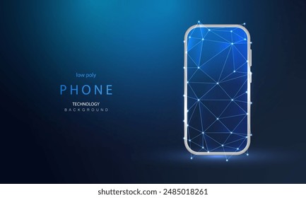 Smartphone con pantalla azul poli baja. Diseño poligonal triángulo del teléfono móvil. Punto de conexión del cielo. Plantilla de Anuncio de estructura metálica futurista para un concepto App. Fondo de Ilustración vectorial de teléfono.	