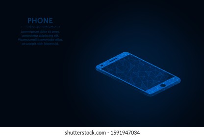Smartphone low poly design, mobile phone wireframe mesh polygonal vector illustration made from points and lines on dark blue background