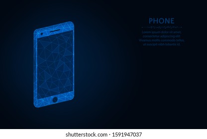 Smartphone low poly design, mobile phone wireframe mesh polygonal vector illustration made from points and lines on dark blue background