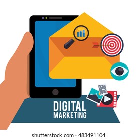 Smartphone Lupe Eye And Envelope Icon. Email Marketing Message Communication And Media Theme. Colorful Design. Vector Illustration