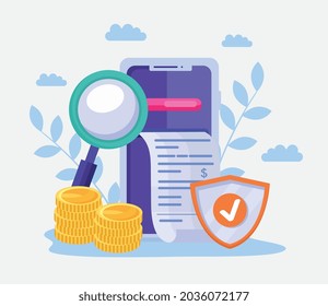 smartphone and lupe with icons