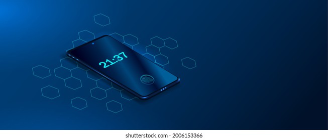 The smartphone is lying on a smooth dark blue surface or a table in perspective. Realistic vector illustration of an isometric smartphone. The layout or template of a shiny mobile phone. Vector