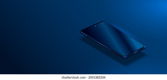 The smartphone is lying on a smooth dark blue surface or a table in perspective. Realistic vector illustration of an isometric smartphone. The layout or template of a shiny mobile phone. Vector