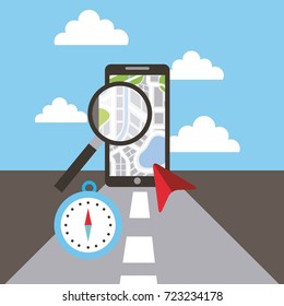 smartphone maginifer compass navigation road concept