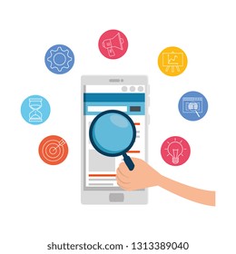 smartphone with magnifying glass and business icons