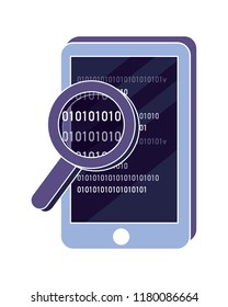 smartphone and magnifying glass with code program