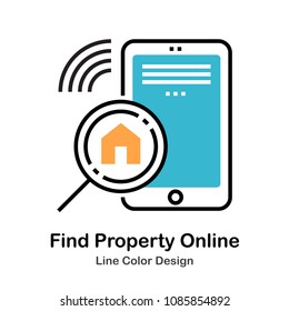 Smartphone and magnifying glass with house line color icon