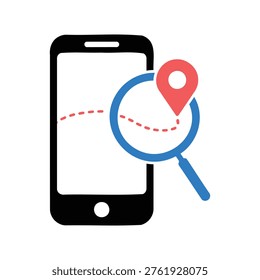 Smartphone with magnifying glass and location map pin icon navigation and search concept