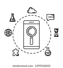 smartphone with magnifying glass and set icons