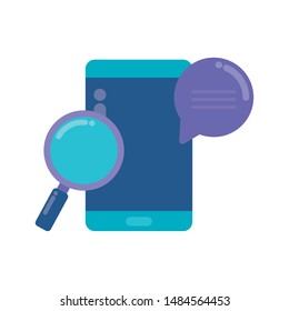 smartphone with magnifying glass and speech bubble