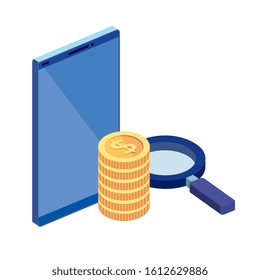 smartphone with magnifying glass and stack coins vector illustration design