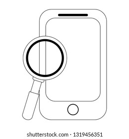 Smartphone and magnifying glass symbol black and white