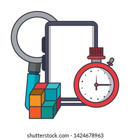Smartphone magnifying glass with timer and cubes vector illustration graphic design