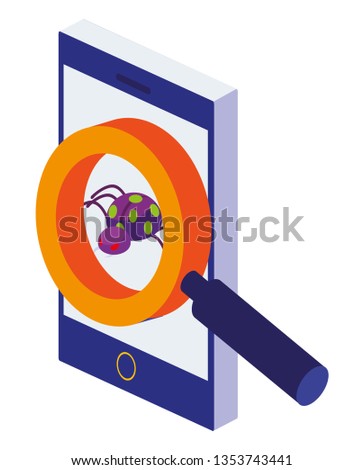 smartphone with magnifying searching bug virus atack