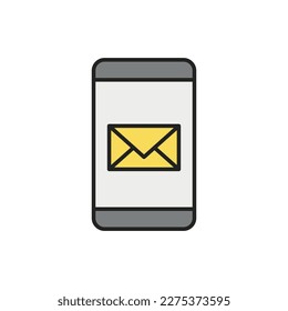 Smartphone with mail on the screen thin line icon. Color linear symbol. Vector illustration.