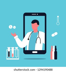 Smartphone with male doctor on phone screen holding meds.Online medical consultation concept, Modern medicine and healthcare system support. Pharmacy, hospital. Urology, man doctor. Mobile app