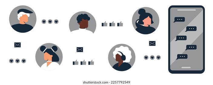 Smartphone with male and female profiles. Friends chatting. New generation. The concept of social networks, virtual relationships. Friends chatting and texting. Vector illustration.