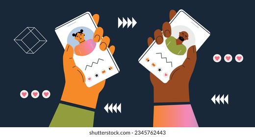 Smartphone with male and female profiles. Friends chatting. New generation. The concept of social networks, virtual relationships. Friends chatting and texting. Vector illustration.