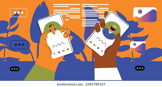 Smartphone with male and female profiles. Friends chatting. New generation. The concept of social networks, virtual relationships. Friends chatting and texting. Vector illustration.