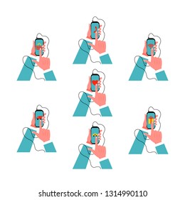 Smartphone in male hand in suit. Set of vector illustrations.