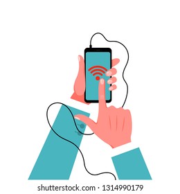 Smartphone in male hand in suit. Vector illustration