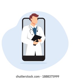 Smartphone with a male therapist in a chat in messenger and online consultation. Ask the doctor. Medical consultations via the Internet and services, tele medicine, cardiology. Vector flat illustratio