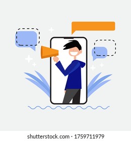 Smartphone. Hombre anunciando. concepto de diseño de ilustración vectorial. Anuncios, avisos, advertencias, etc.