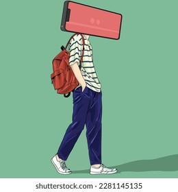 Ein Smartphone-Mann mit Rucksack-Gehen, grüner Hintergrund