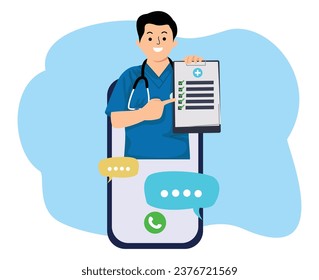 smartphone with man doctor popping out from screen online consultation tele medicine video call medical insurance