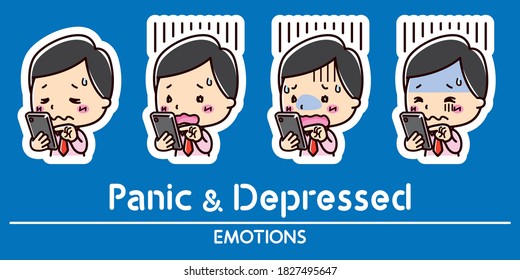 Smartphone and Man emotion set . Panic and Depressed illustrations.