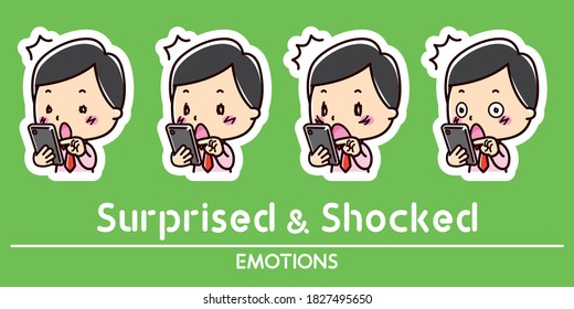 Juego de emociones para smartphone y hombre . Ilustraciones sorprendentes y impactadas.