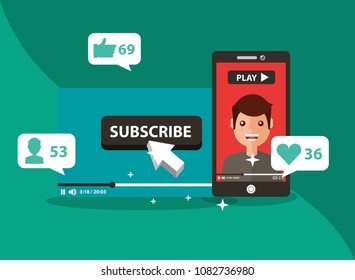 smartphone with man on screen subscribe popular channel