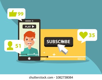 smartphone with man on screen subscribe popular channel