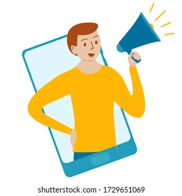 smartphone with man shouting in loud speaker. Influencer marketing, social media or network promotion, SMM banner, landing page,flyer. Vector Concept illustration in flat cartoon style.