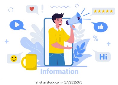 Smartphone with a man shouting in loudspeaker marketing advertisement concept vector illustration