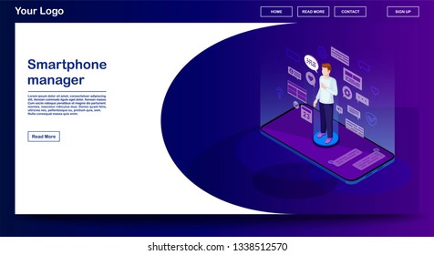 Smartphone manager webpage vector template with isometric illustration. Website interface design. Social media. Online communication. SMM. Blogging. Future marketing. Webpage, mobile app 3d concept