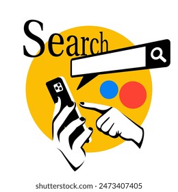 Smartphone in a man's hand. A man uses the search bar. Search on the Internet. Searching concept. Modern technologies. Vector illustration flat design. Isolated on white background. 