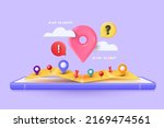 Smartphone with map 3D Illustration, 3D Map pins, GPS, navigator pin checking points. 3d Vector illustration
