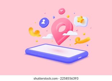 Smartphone with map 3D Illustration, 3D Map pins, GPS, navigator pin checking points. 3d Vector illustration