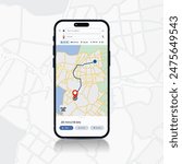 Smartphone Map App with GPS Navigation and Red Marker Pin Point on Screen. Vector Illustration of Map Application, City Navigation Maps, and Location Tracking.
